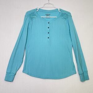 Ariat Knit Long Sleeve Henley Shirt Womens Medium Light Blue Top Eyelet Trim